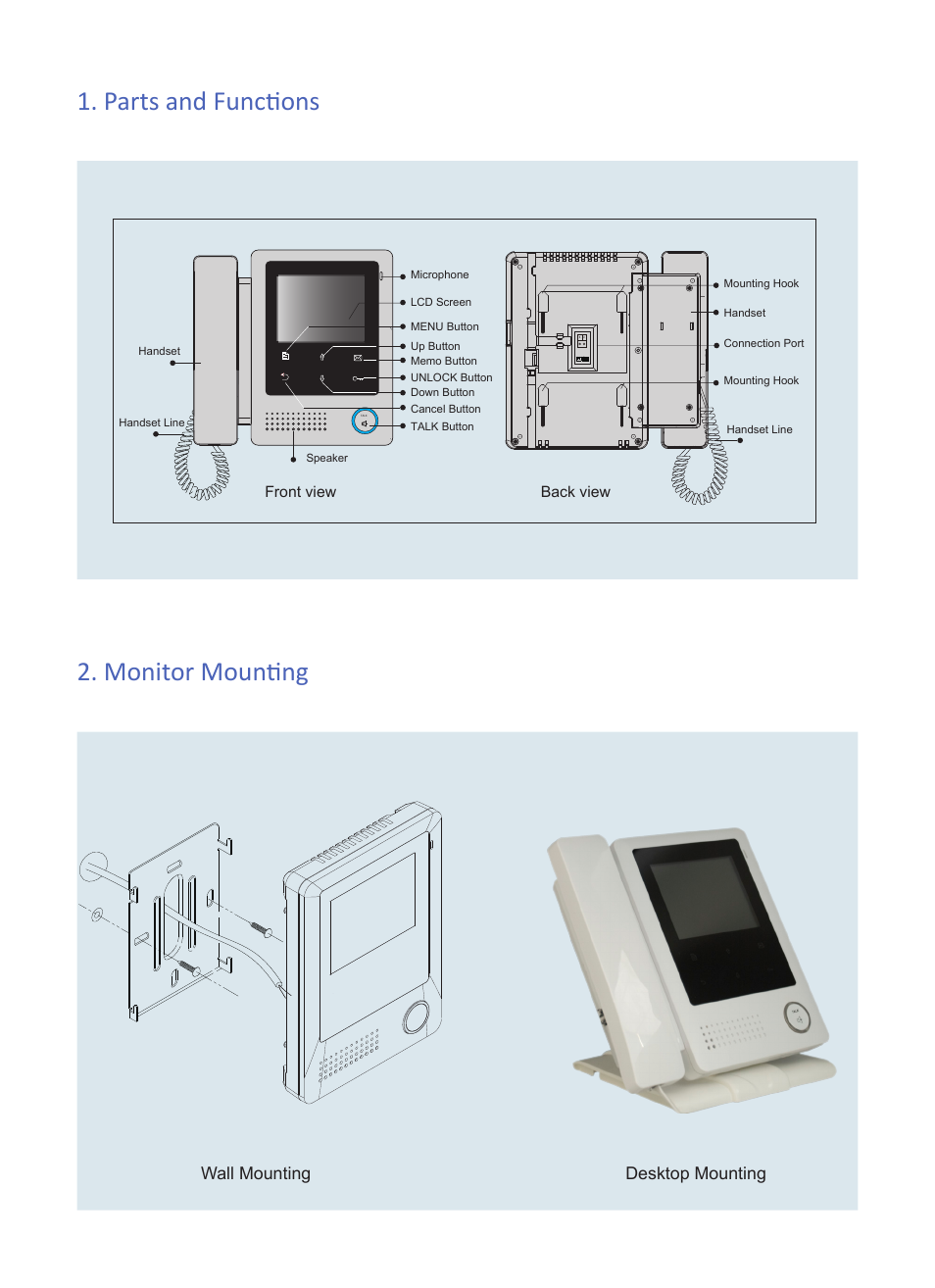 Parts and functions 2. monitor mounting, Wall mounting desktop mounting | V-Tech DT24 Info User Manual | Page 2 / 4