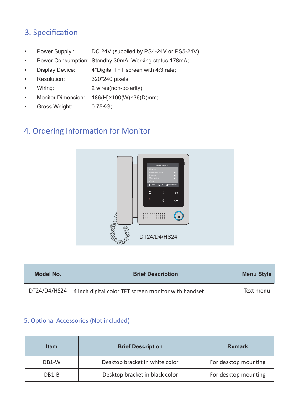 Specification, Ordering information for monitor, Optional accessories (not included) | V-Tech DT24 Info User Manual | Page 3 / 4