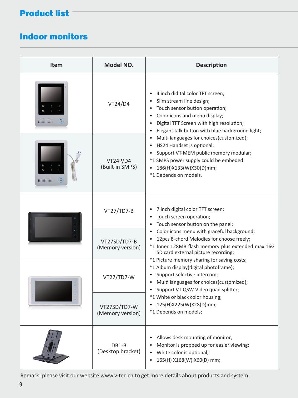 Indoor monitors, Product list | V-Tech VT Brochure User Manual | Page 10 / 12