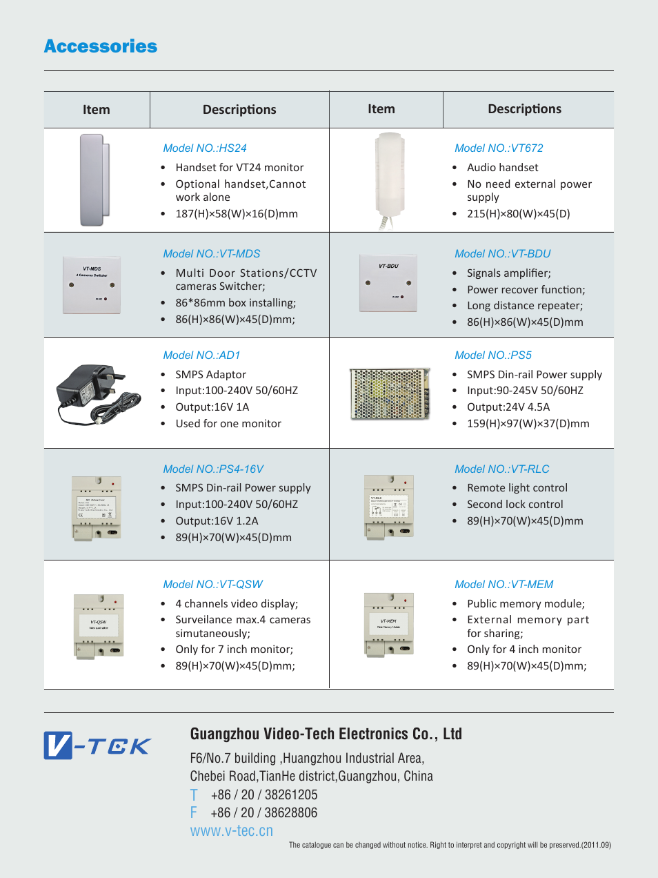 Accessories, Guangzhou video-tech electronics co., ltd | V-Tech VT Brochure User Manual | Page 12 / 12