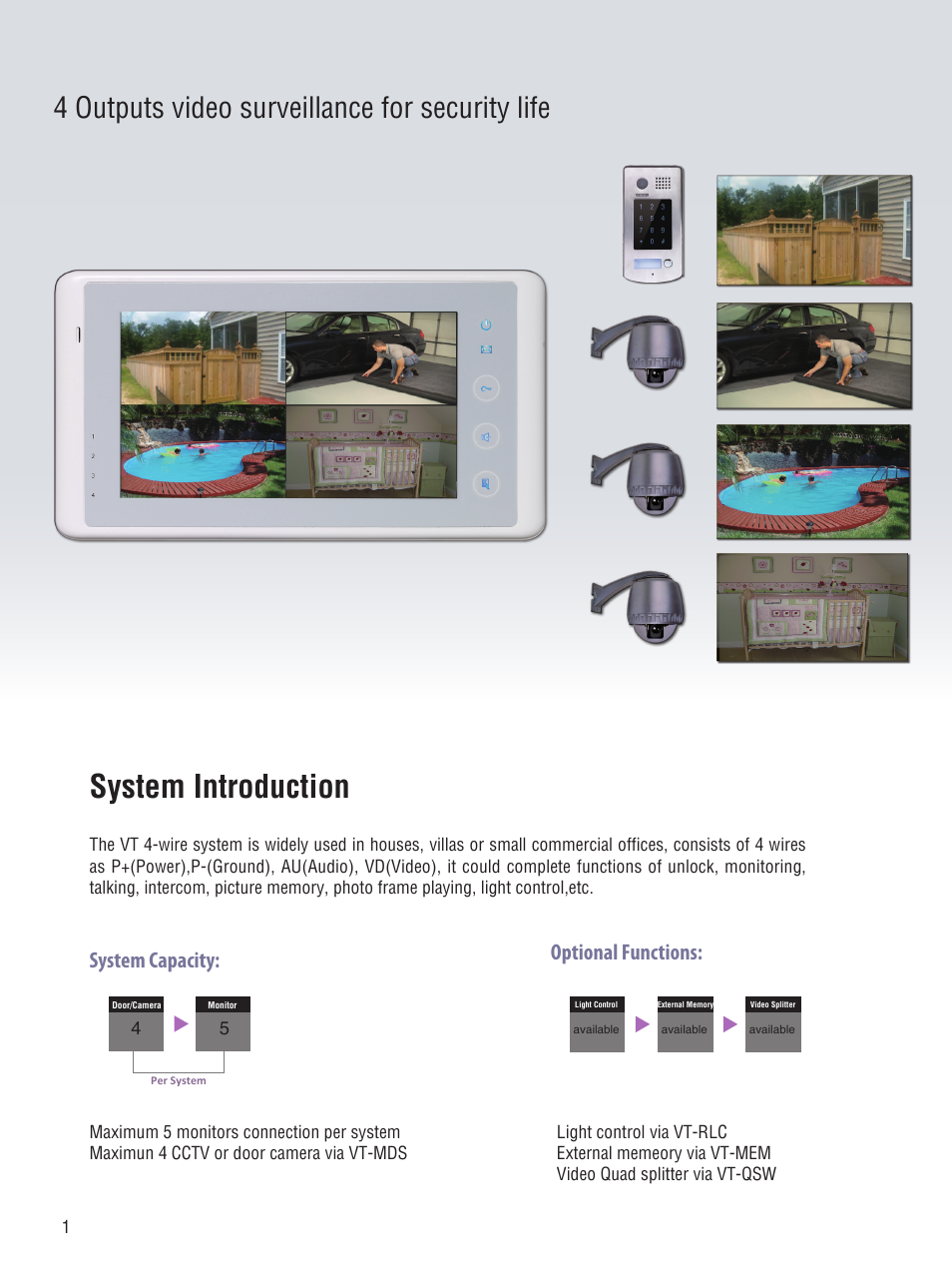 System introduction, 4 outputs video surveillance for security life, System capacity: optional functions | V-Tech VT Brochure User Manual | Page 2 / 12