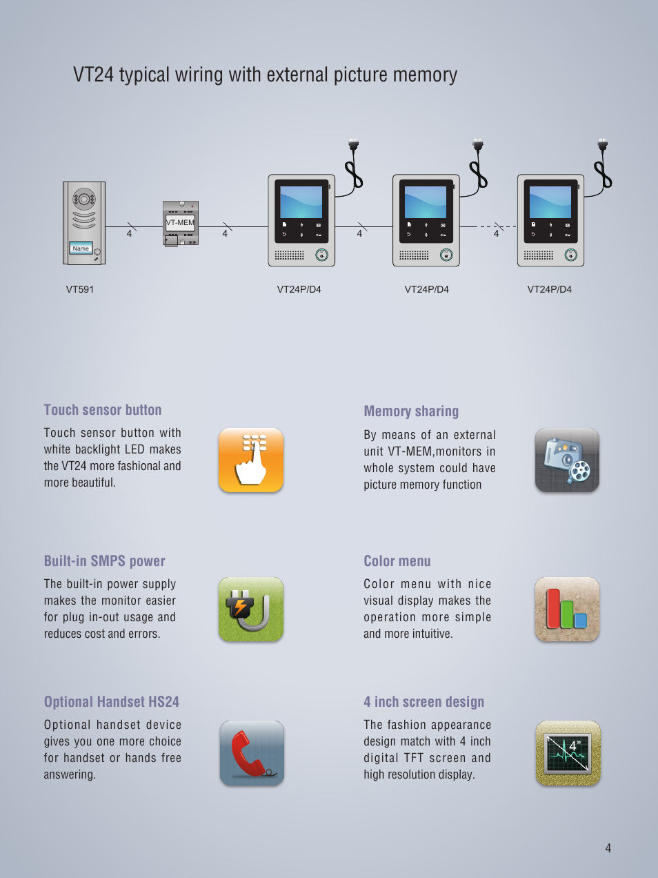 Touch sensor button, Color menu, 4 inch screen design | Built-in smps power, Optional handset hs24 | V-Tech VT Brochure User Manual | Page 5 / 12