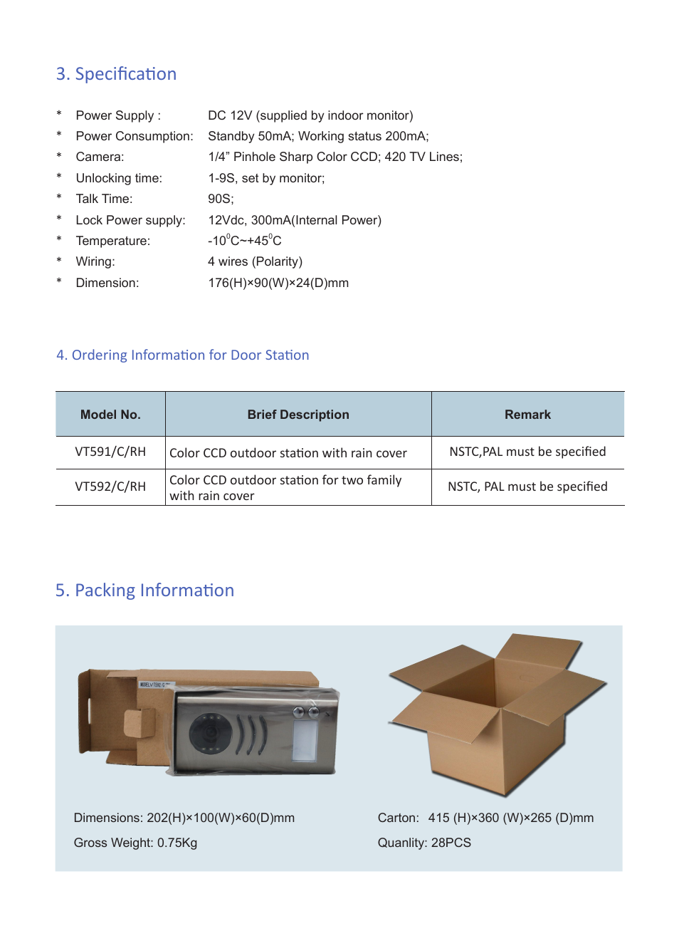 Specification, Packing information, Ordering information for door station | V-Tech VT592 Info User Manual | Page 3 / 3