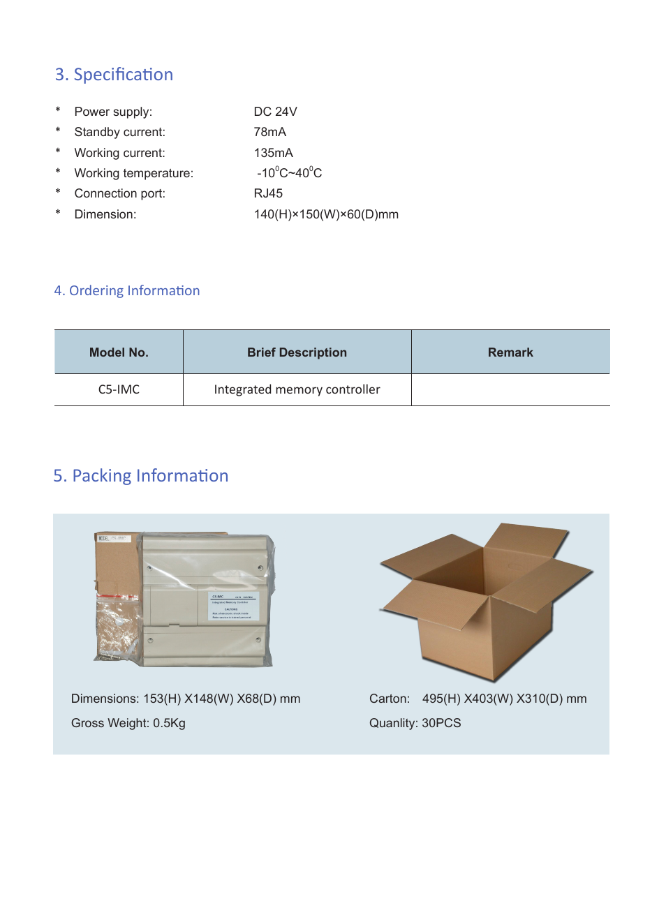 Specification, Packing information, Ordering information | V-Tech C5-IMC Info User Manual | Page 3 / 3