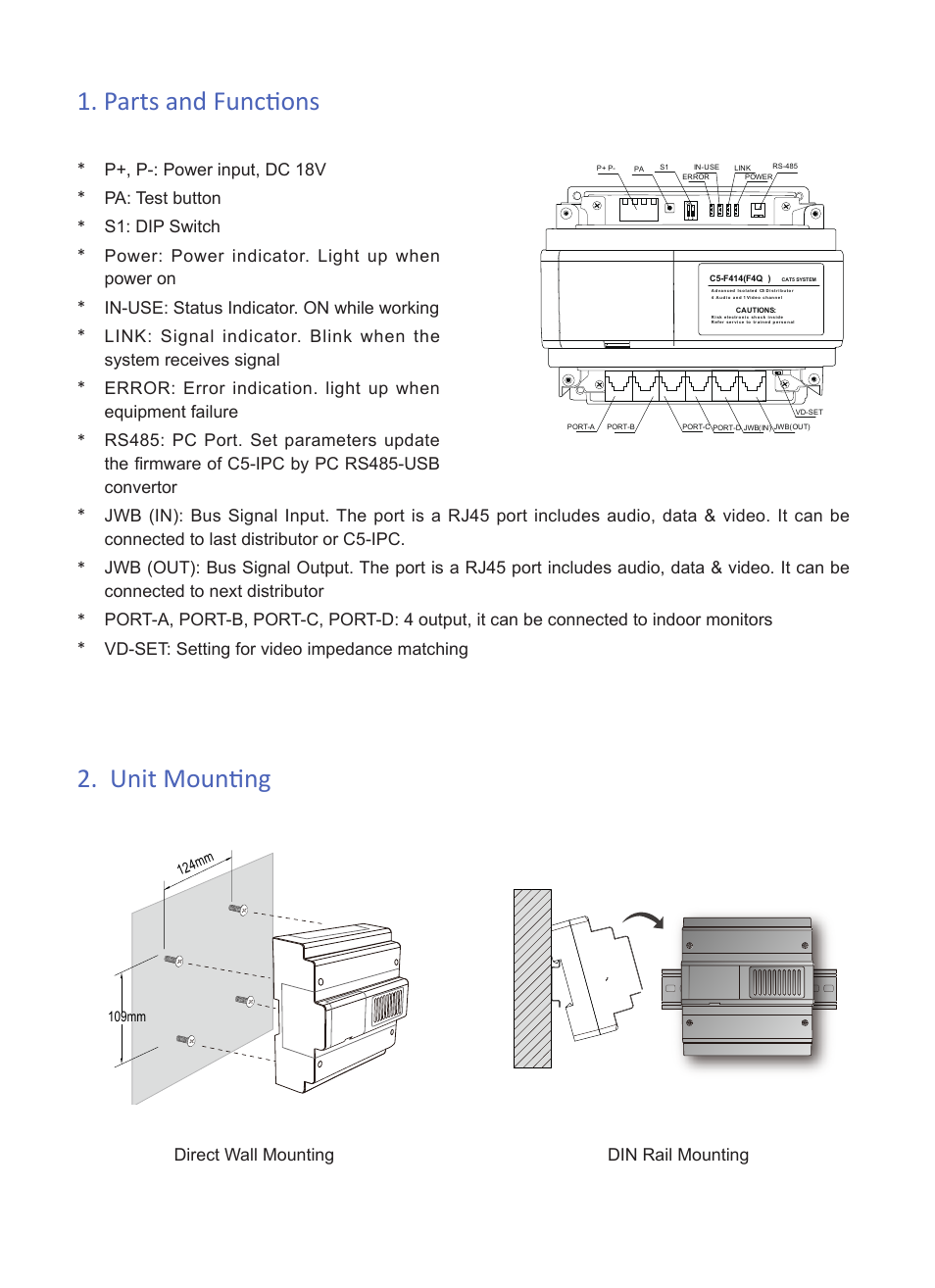 Parts and functions 2. unit mounting | V-Tech C5-F414 Info User Manual | Page 2 / 3