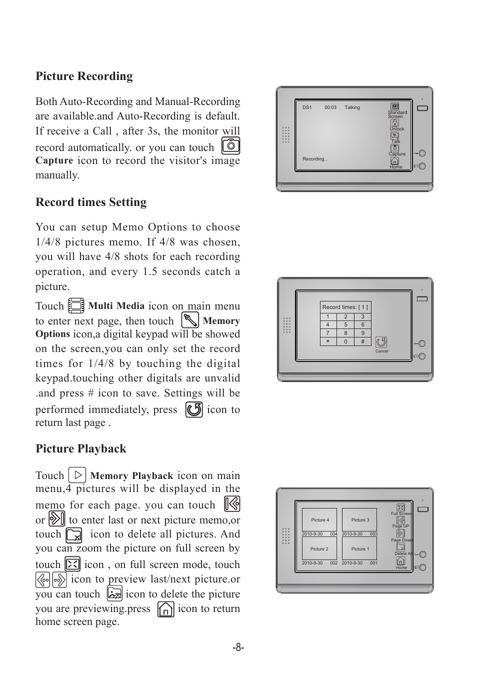 Icon to record the visitor's image manually. touch, Icon on main menu to enter next page, then touch | V-Tech DT21 Manual User Manual | Page 10 / 12