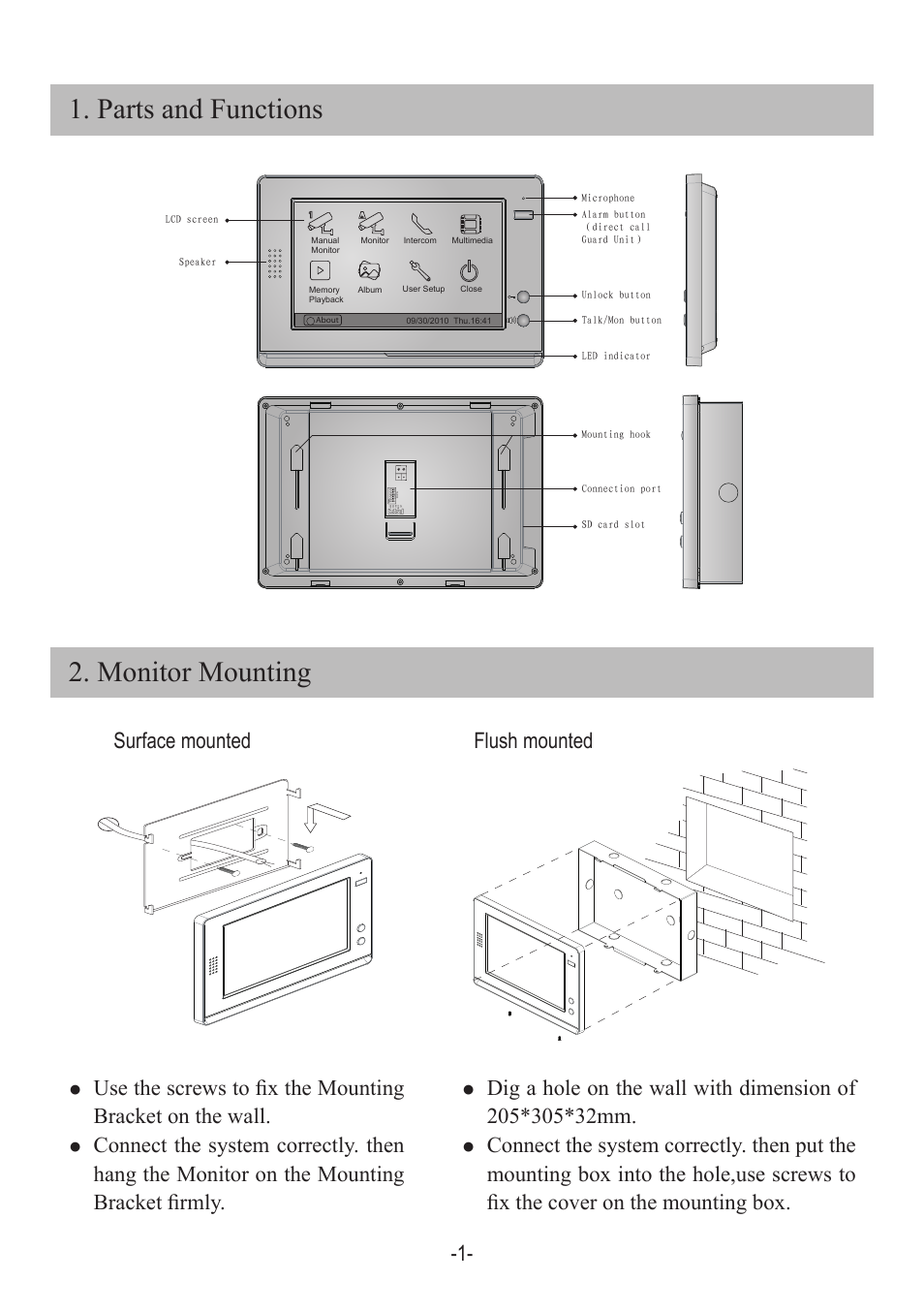 Parts and functions 2. monitor mounting, Surface mounted flush mounted | V-Tech DT21 Manual User Manual | Page 3 / 12