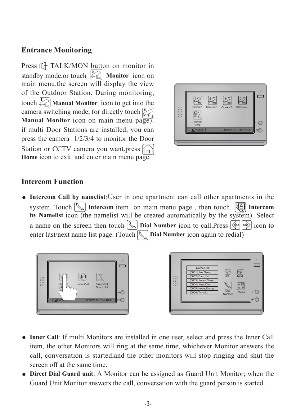 Entrance monitoring intercom function, Item on main menu page , then touch, Icon again to redial) | Icon to exit and enter main menu page | V-Tech DT21 Manual User Manual | Page 5 / 12