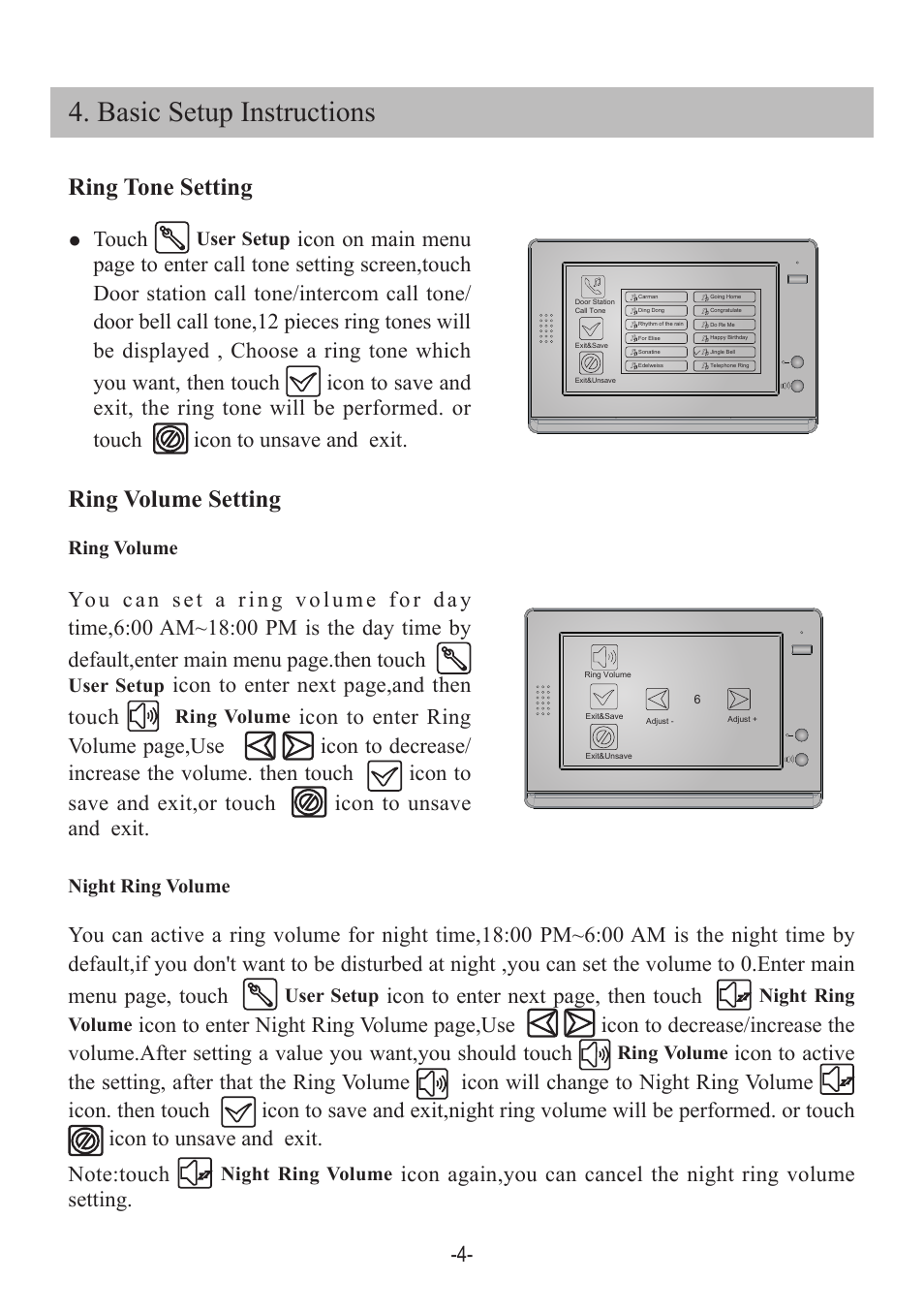Basic setup instructions, Ring volume setting, Ring tone setting | Touch, Icon to enter next page,and then touch, Icon to enter next page, then touch, Icon | V-Tech DT21 Manual User Manual | Page 6 / 12