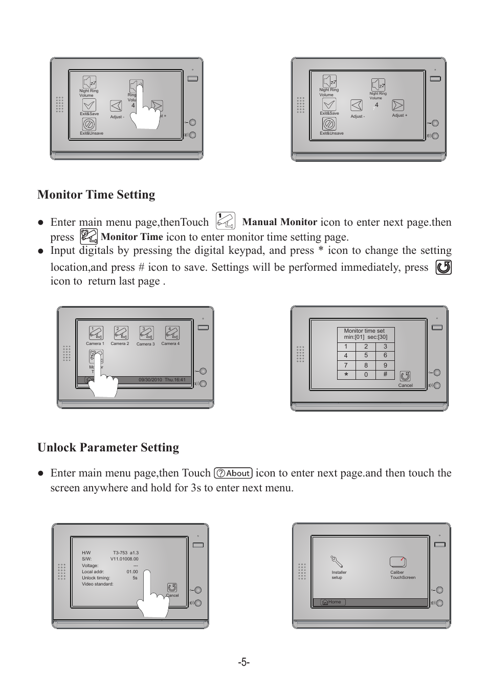 Monitor time setting unlock parameter setting, Enter main menu page,thentouch, Icon to enter next page.then press | Manual monitor, Monitor time | V-Tech DT21 Manual User Manual | Page 7 / 12