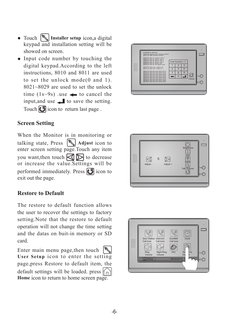 Screen setting restore to default, Icon to return to home screen page, Touch | Adjust, User setup, Home, Installer setup | V-Tech DT21 Manual User Manual | Page 8 / 12