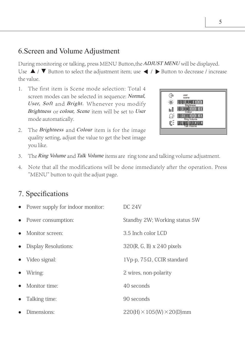 Specifications, Screen and volume adjustment | V-Tech DT16_D3 Manual User Manual | Page 9 / 12