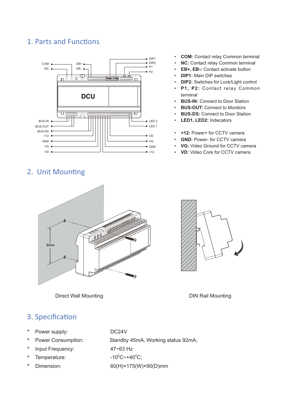 C~+40, Direct wall mounting din rail mounting | V-Tech DT-DCU Info User Manual | Page 2 / 3