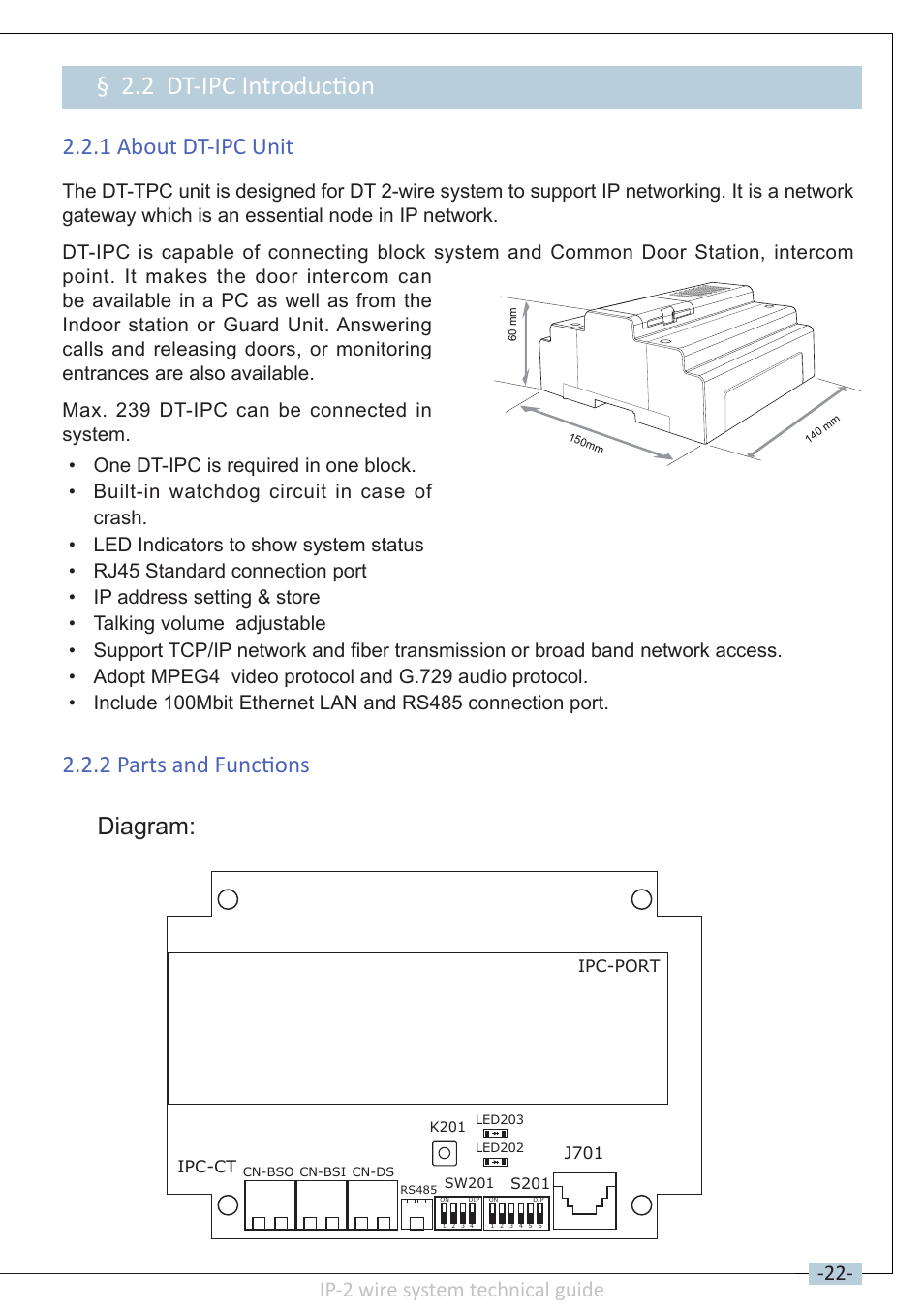 2 dt‐ipc introduction, 1 about dt‐ipc unit 2.2.2 parts and functions, Diagram | Ip-2 wire system technical guide | V-Tech DT-IP Technical Guide User Manual | Page 23 / 104