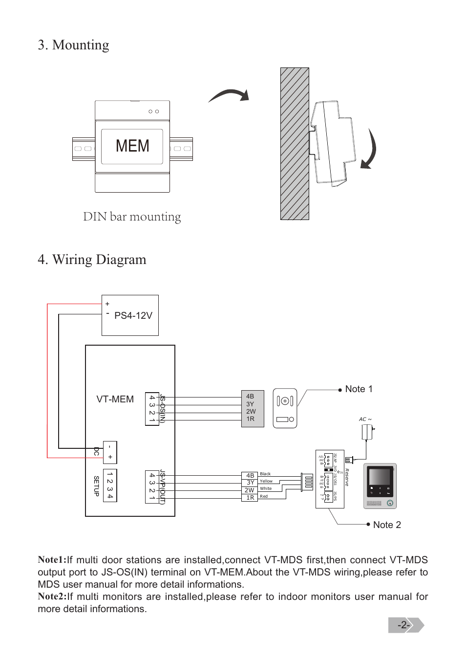 Wiring diagram, Mounting, Din bar mounting | Ps4-12v vt-mem | V-Tech VT-MEM Manual User Manual | Page 2 / 3