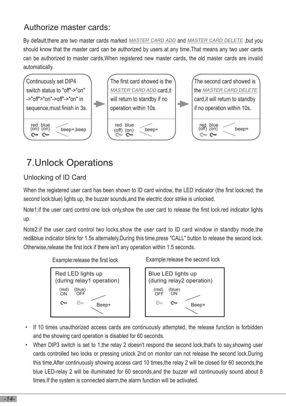 Unlock operations, Authorize master cards, Unlocking of id card | V-Tech DT596F_ID Manual User Manual | Page 16 / 20