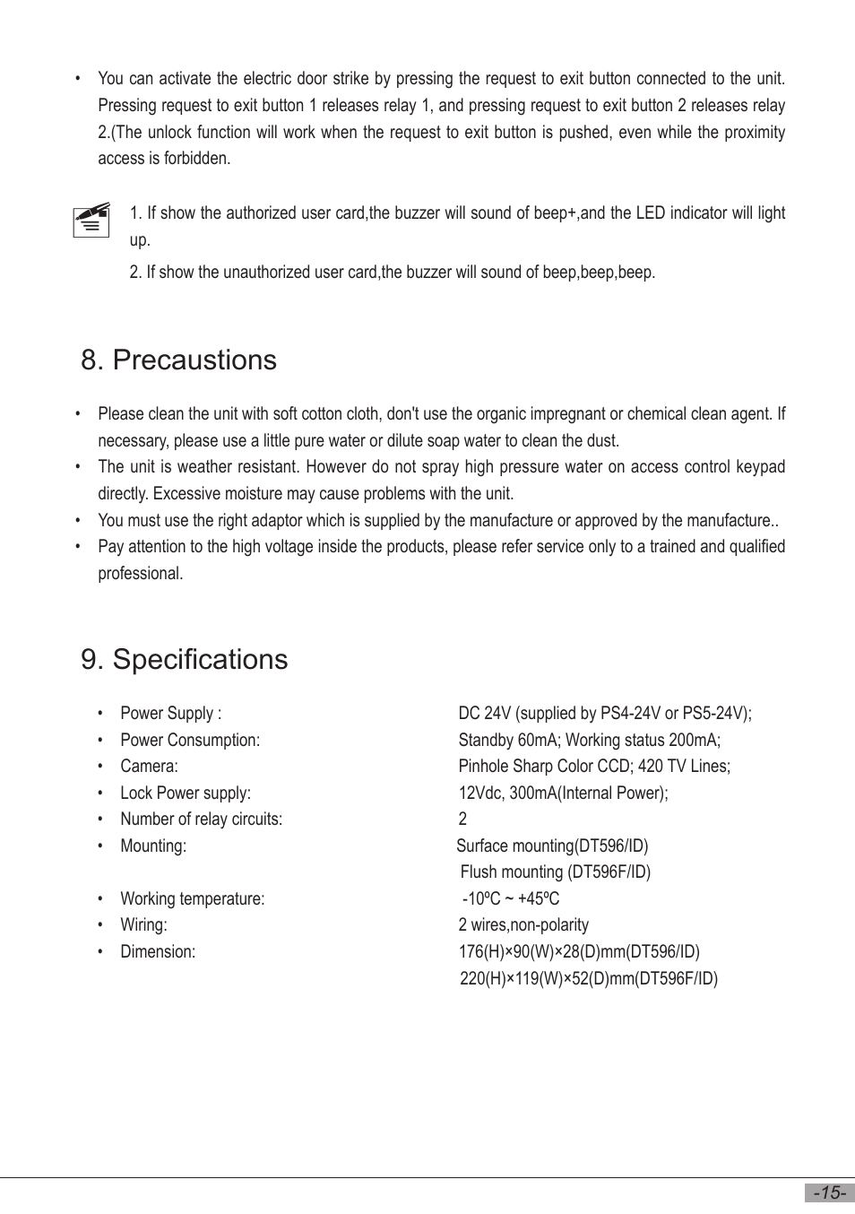 Precaustions 9. specifications | V-Tech DT596F_ID Manual User Manual | Page 17 / 20