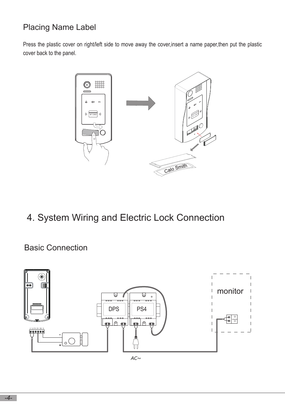 System wiring and electric lock connection, Placing name label, Basic connection | Monitor | V-Tech DT596F_ID Manual User Manual | Page 6 / 20