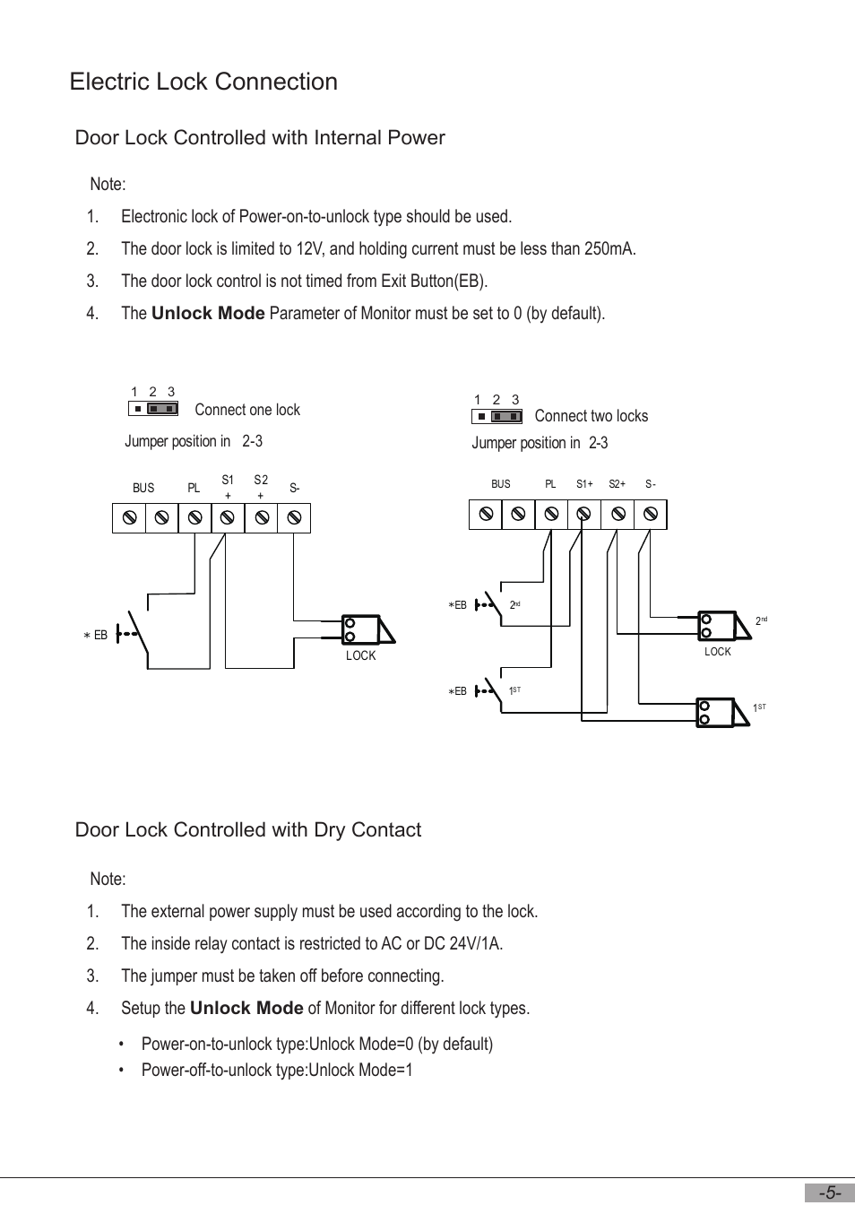 Electric lock connection, Door lock controlled with internal power, Door lock controlled with dry contact | Jumper position in connect two locks | V-Tech DT596F_ID Manual User Manual | Page 7 / 20