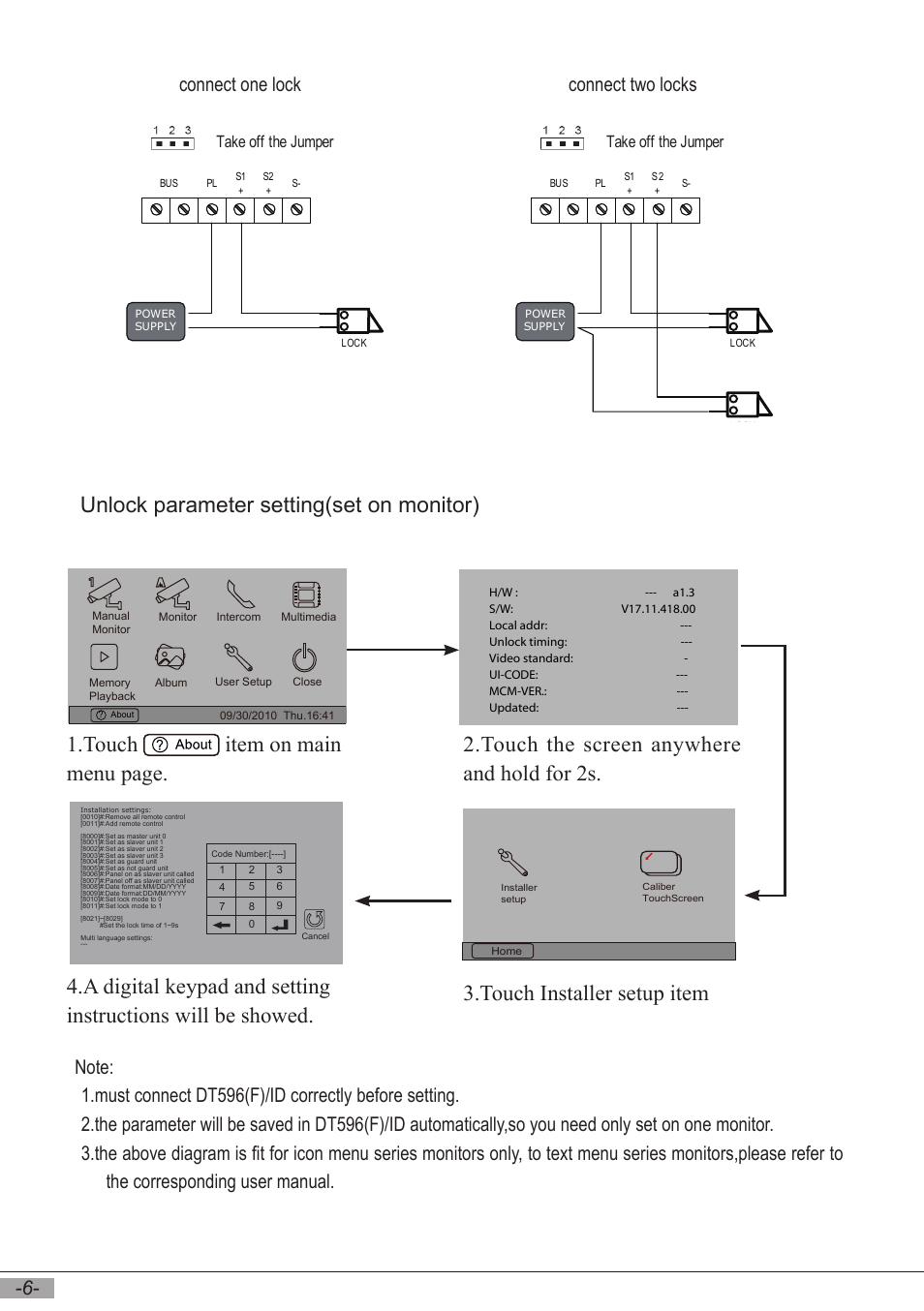 Unlock parameter setting(set on monitor), Connect•one•lock connect•two•locks, Take off the jumper | V-Tech DT596F_ID Manual User Manual | Page 8 / 20