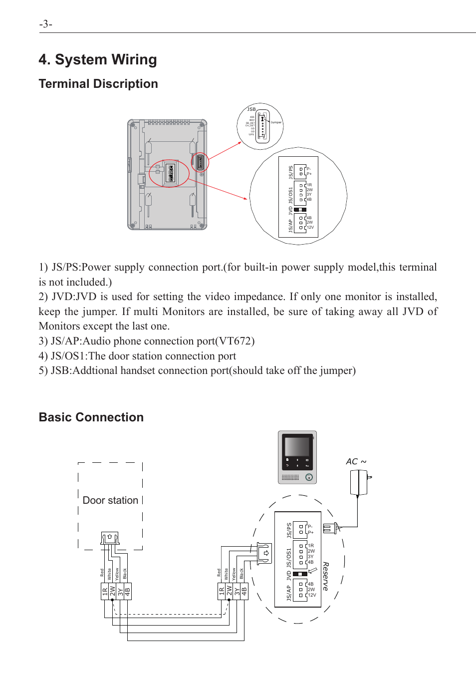 System wiring, Terminal discription basic connection, Door station | Reserve talk | V-Tech VT24 Manual User Manual | Page 4 / 16
