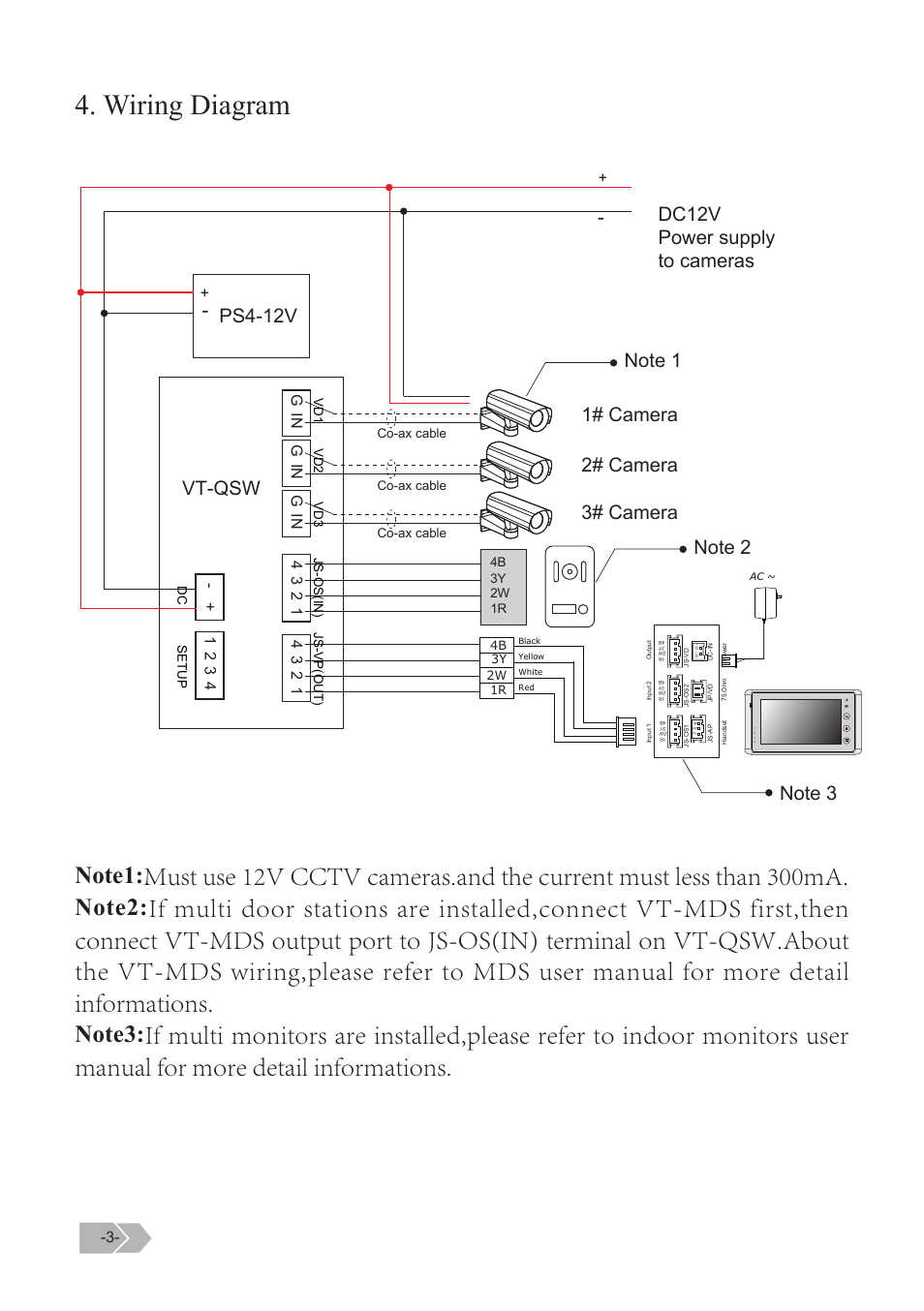 Wiring diagram, Dc12v power supply to cameras 2# camera 3# camera | V-Tech VT-QSW Manual User Manual | Page 3 / 4