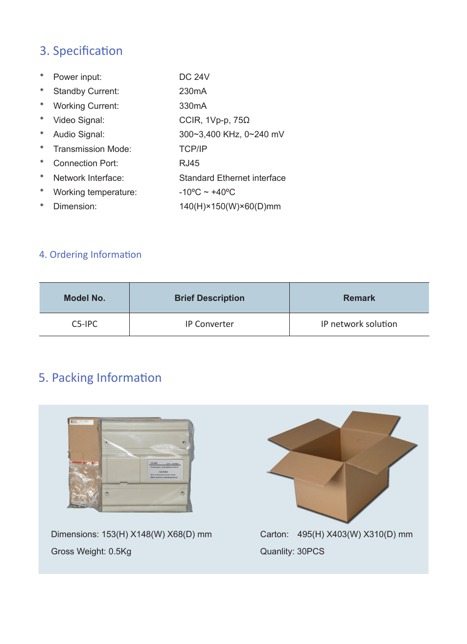 Packing information, Specification, Ordering information | V-Tech C5-IPC Info User Manual | Page 3 / 3