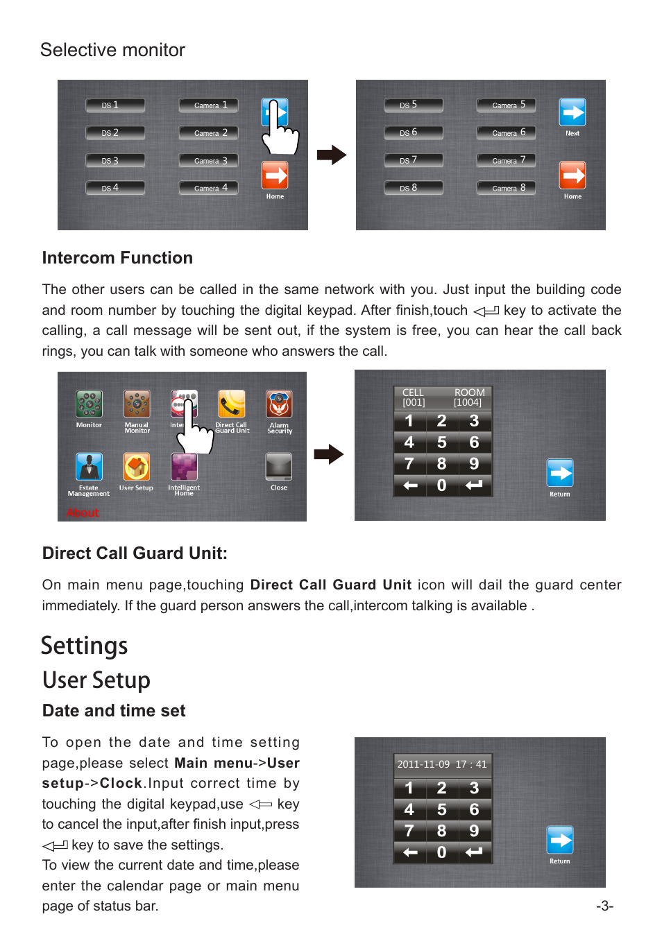 Settings, User setup, Selective monitor | Intercom function direct call guard unit, Date and time set | V-Tech AT27_TD7 Manual User Manual | Page 5 / 8