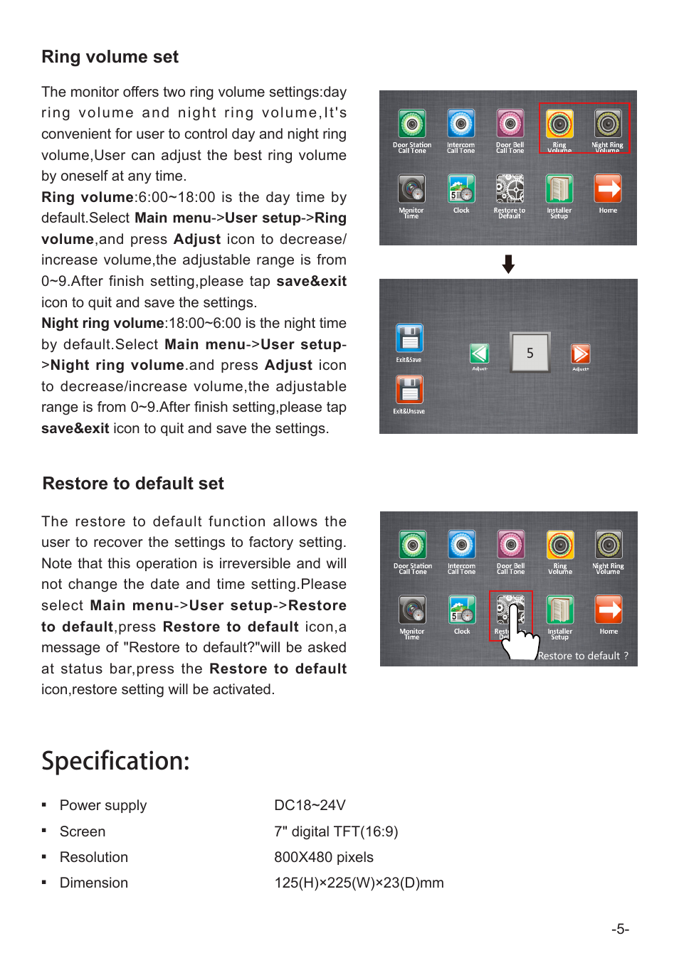 Specification, Restore to default set, Ring volume set | V-Tech AT27_TD7 Manual User Manual | Page 7 / 8