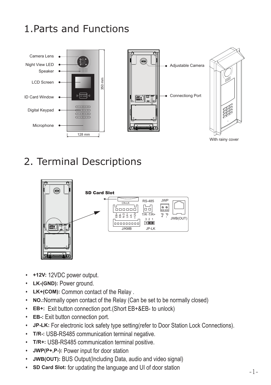 Parts and functions 2. terminal descriptions, 12vdc power output, Power ground | Common contact of the relay, Exit button connection port, Usb-rs485 communication terminal negative, Usb-rs485 communication terminal positive, Power input for door station, Bus output(including data, audio and video signal), For updating the language and ui of door station | V-Tech IP-MR18 Manual User Manual | Page 3 / 16