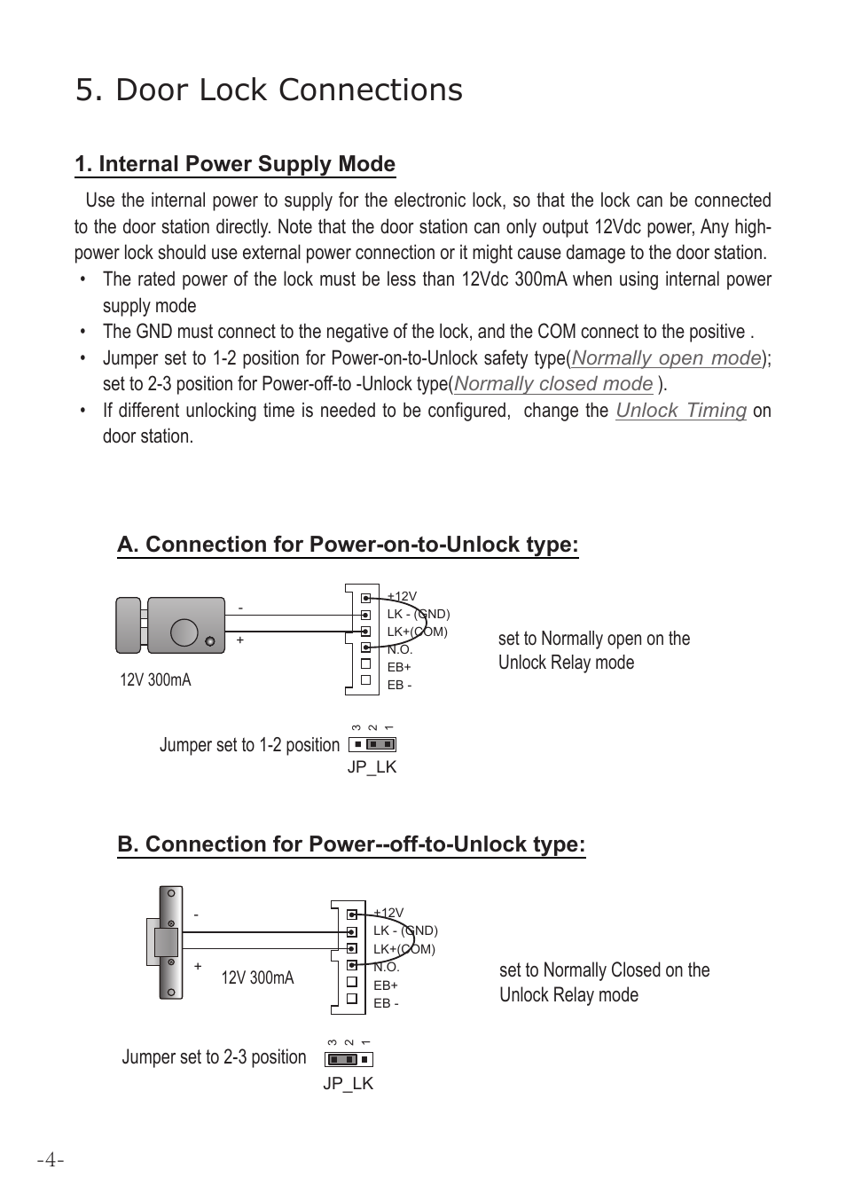 Door lock connections, Internal power supply mode | V-Tech IP-MR18 Manual User Manual | Page 6 / 16