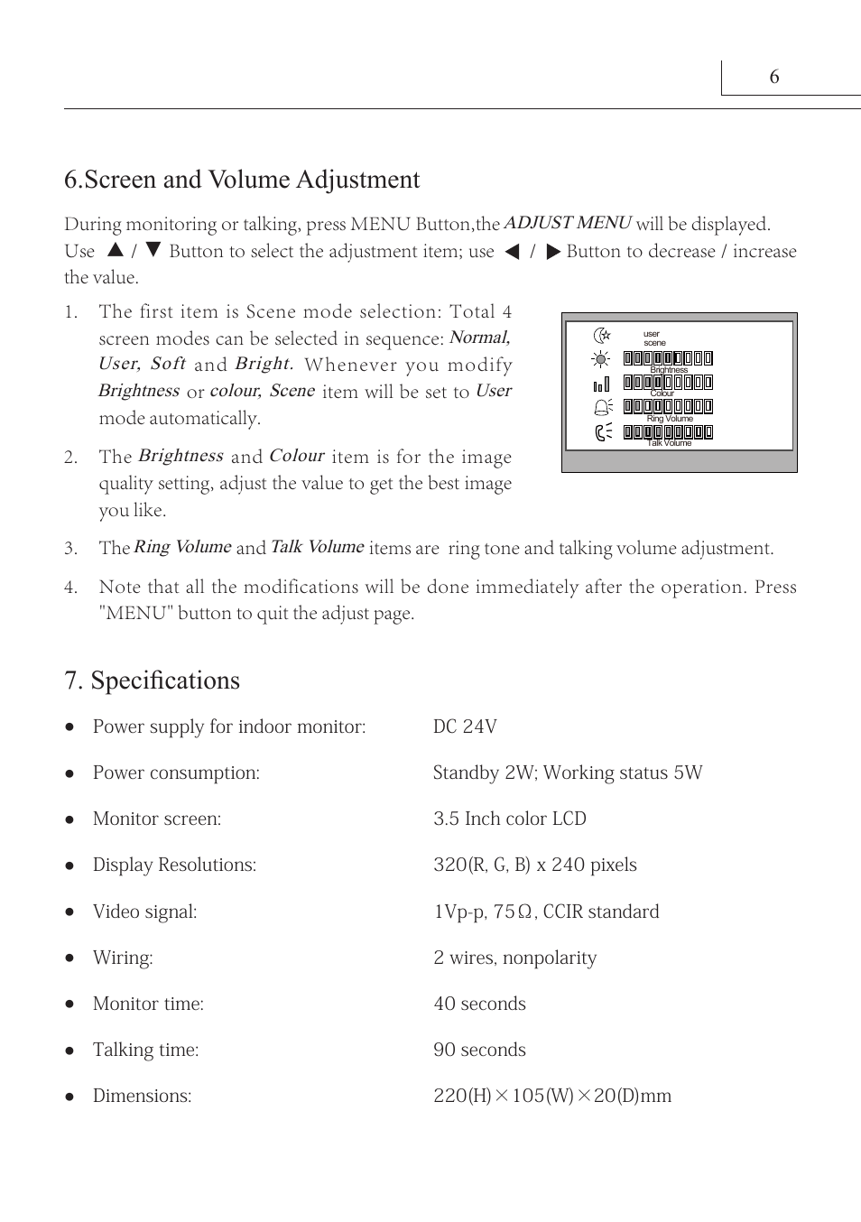 Specifications, Screen and volume adjustment | V-Tech DT16_D3AL Manual User Manual | Page 10 / 12