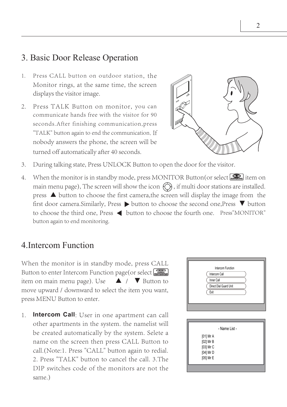 Basic door release operation 4.intercom function, Button to choose the fourth one | V-Tech DT16_D3AL Manual User Manual | Page 6 / 12