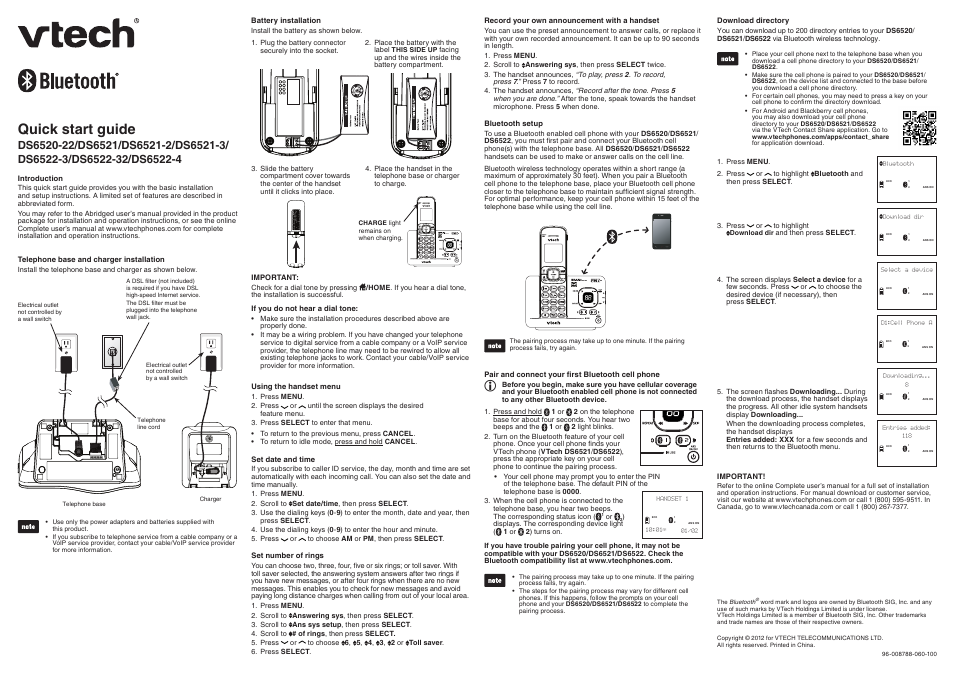 VTech DS6522-3-32-4 Quick start User Manual | 2 pages