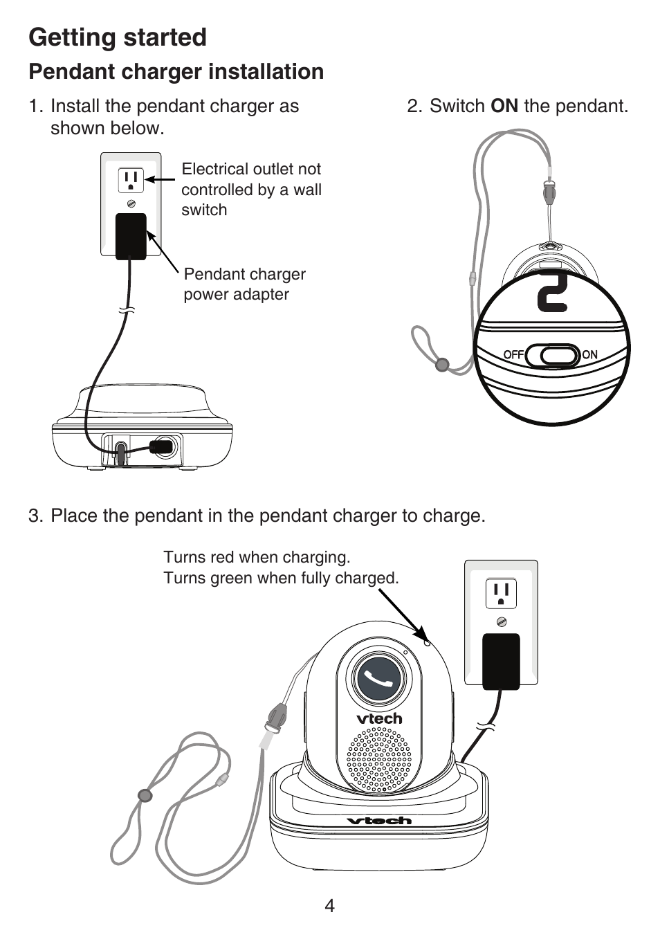 Pendant charger installation, Getting started | VTech SN6197_-2 Abridged manual User Manual | Page 10 / 93