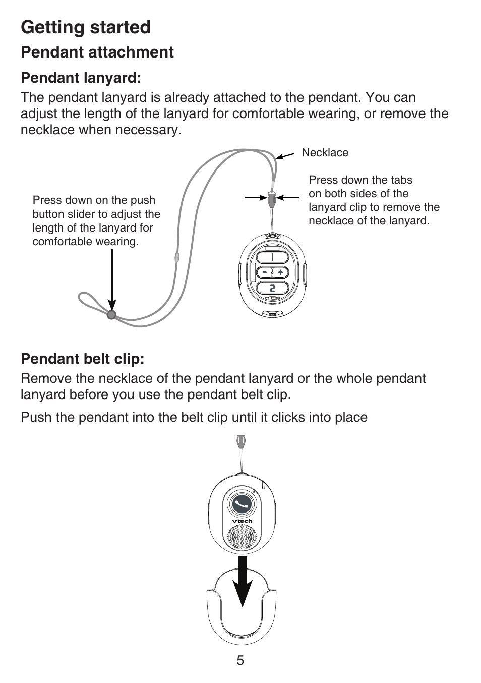 Pendant attachment, Getting started, Pendant lanyard | Pendant belt clip | VTech SN6197_-2 Abridged manual User Manual | Page 11 / 93