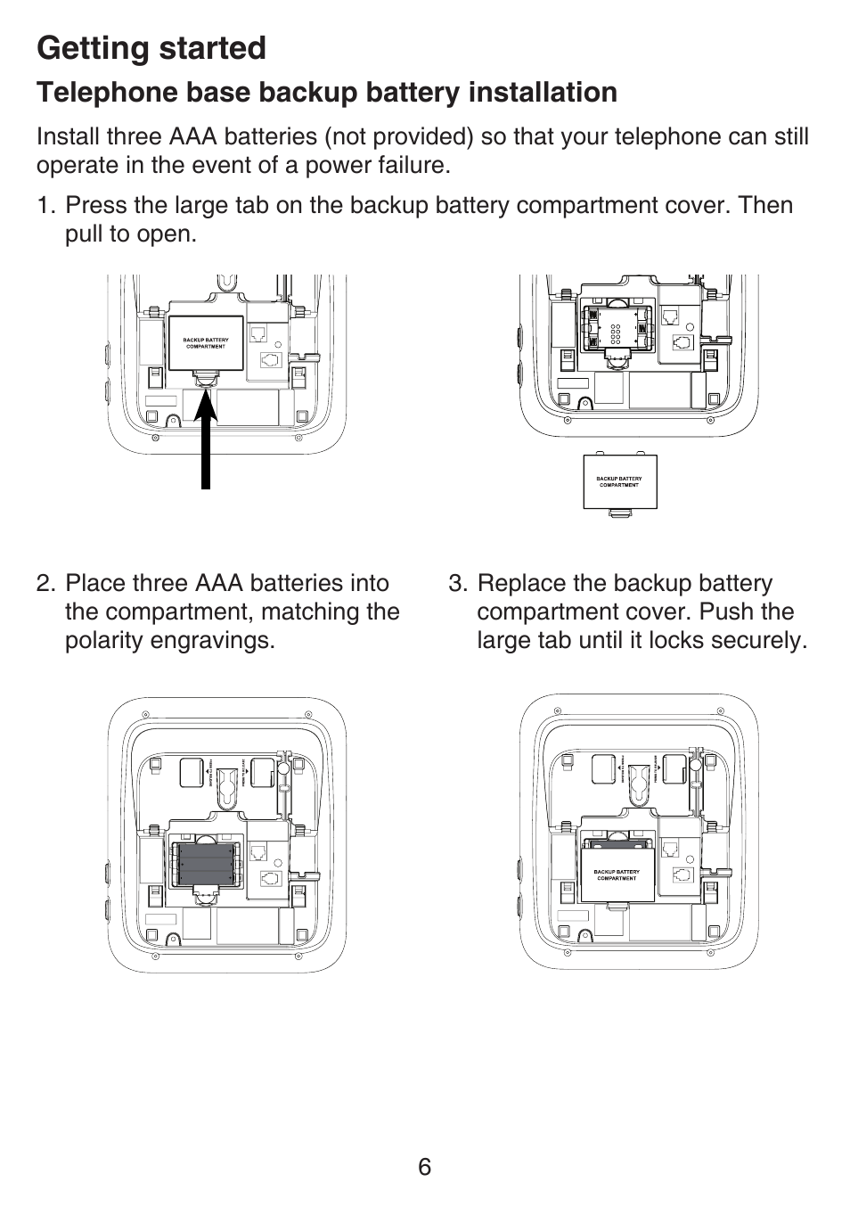 Telephone base backup battery installation, Telephone base backup, Battery installation | Getting started | VTech SN6197_-2 Abridged manual User Manual | Page 12 / 93