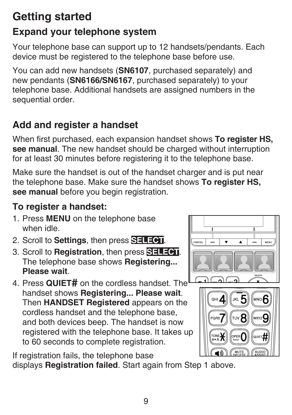 Expand your telephone system, Add and register a handset, Getting started | VTech SN6197_-2 Abridged manual User Manual | Page 15 / 93