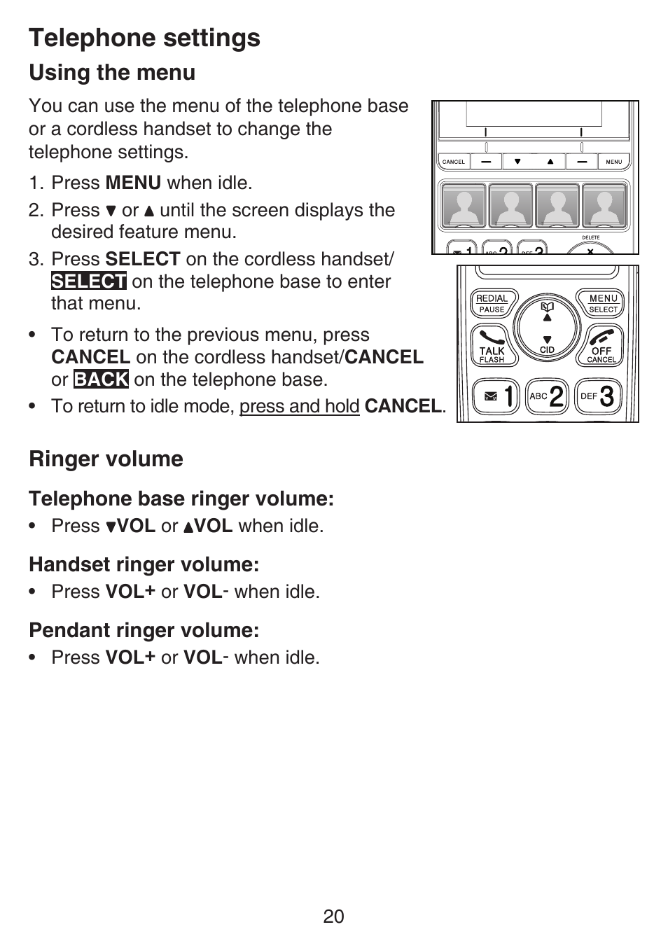 Using the menu, Ringer volume, Using the menu ringer volume | Telephone settings | VTech SN6197_-2 Abridged manual User Manual | Page 26 / 93