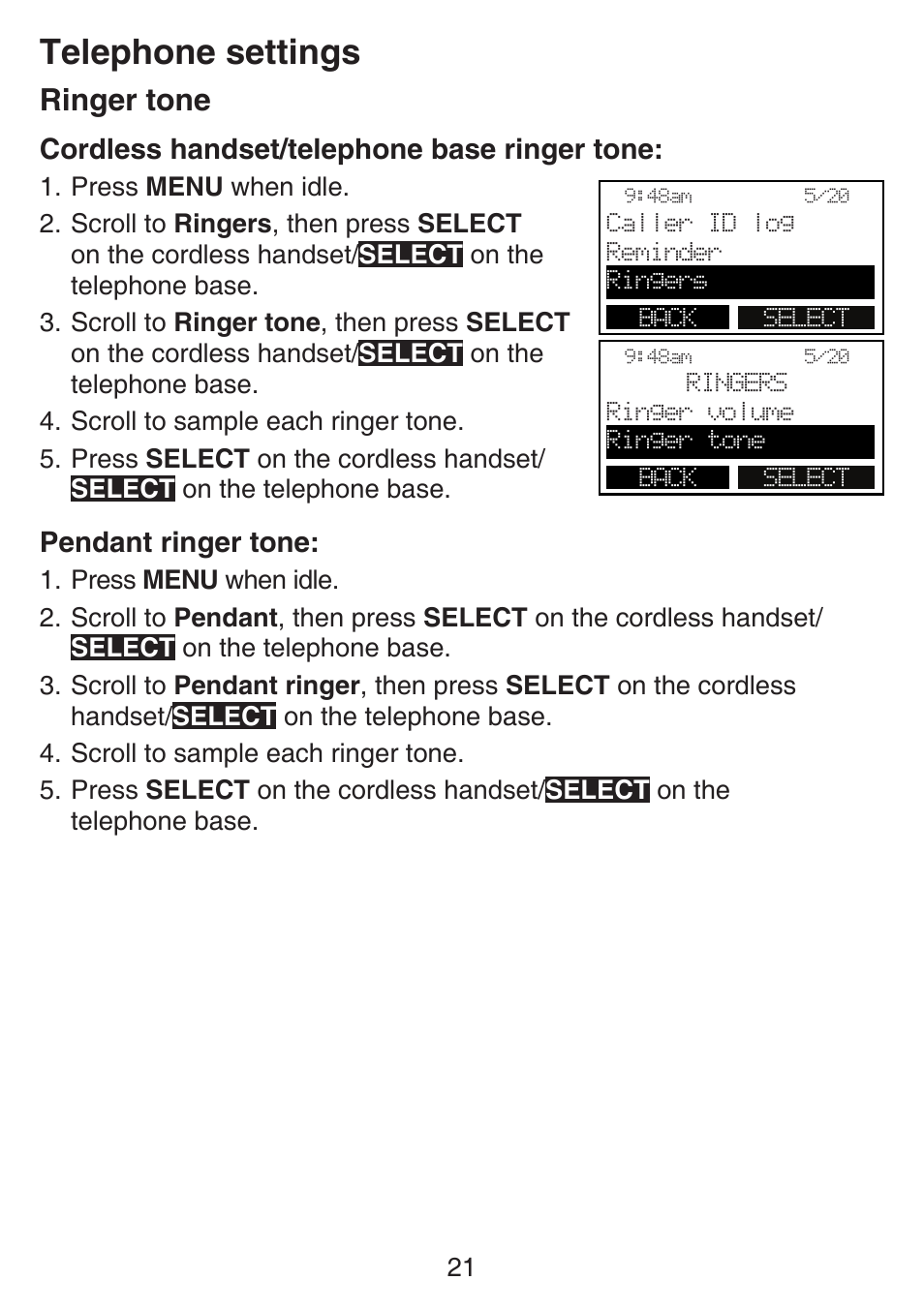 Ringer tone, Telephone settings | VTech SN6197_-2 Abridged manual User Manual | Page 27 / 93