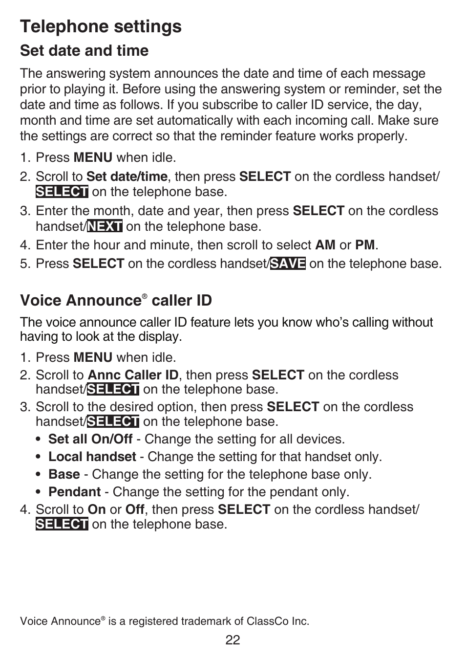 Set date and time, Voice announce￼ caller id, Set date and time voice announce caller id | Telephone settings, Voice announce caller id | VTech SN6197_-2 Abridged manual User Manual | Page 28 / 93