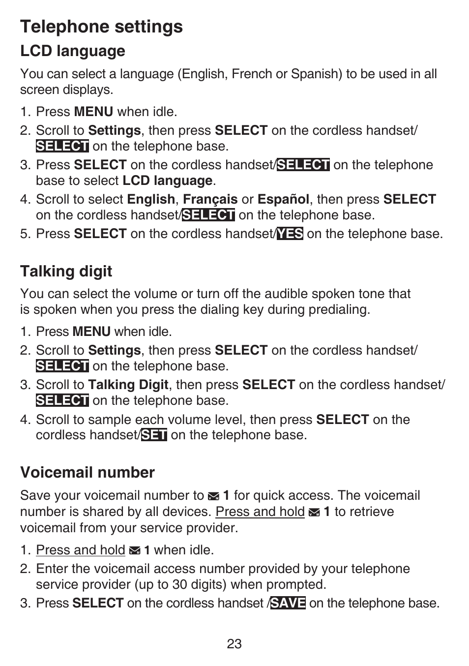 Lcd language, Talking digit, Voicemail number | Lcd language talking digit voicemail number, Telephone settings | VTech SN6197_-2 Abridged manual User Manual | Page 29 / 93