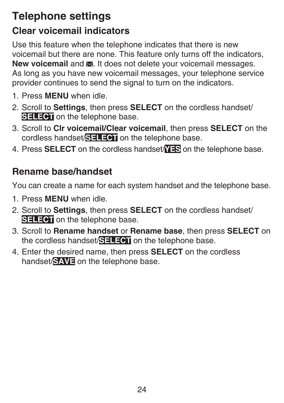 Clear voicemail indicators, Rename base/handset, Clear voicemail indicators rename base/handset | Telephone settings | VTech SN6197_-2 Abridged manual User Manual | Page 30 / 93