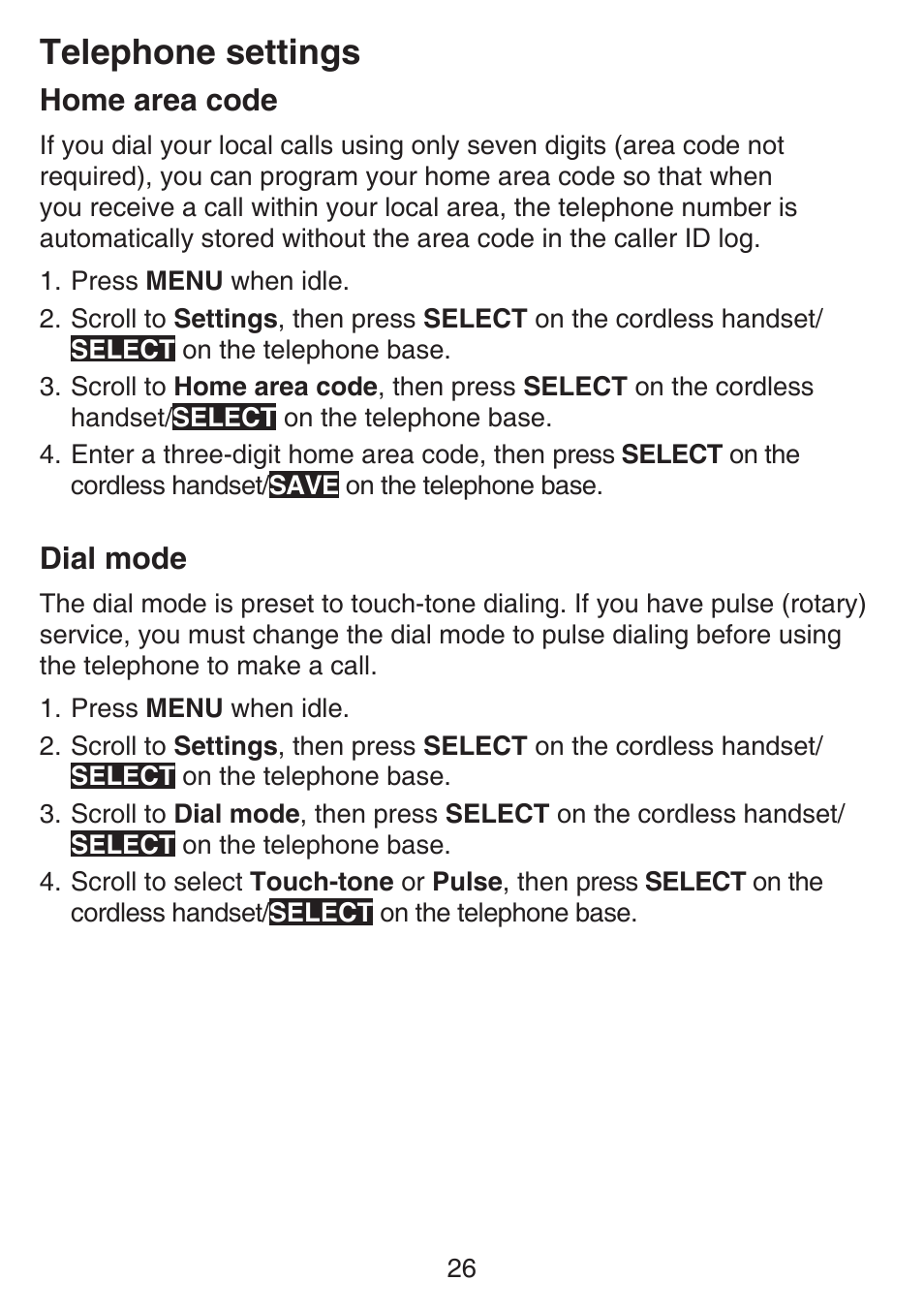 Home area code, Dial mode, Home area code dial mode | Telephone settings | VTech SN6197_-2 Abridged manual User Manual | Page 32 / 93