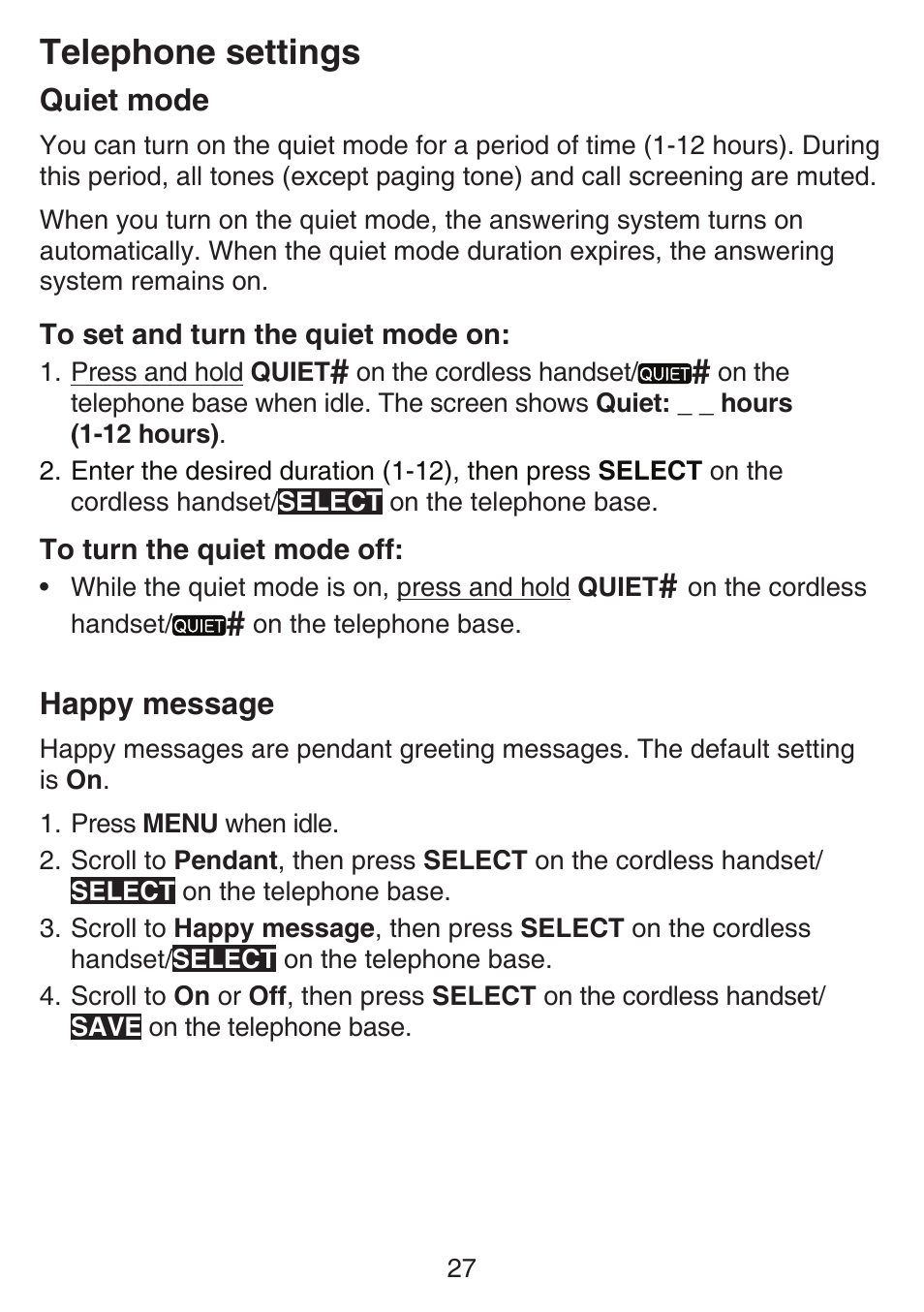 Quiet mode, Happy message, Quiet mode happy message | Telephone settings | VTech SN6197_-2 Abridged manual User Manual | Page 33 / 93