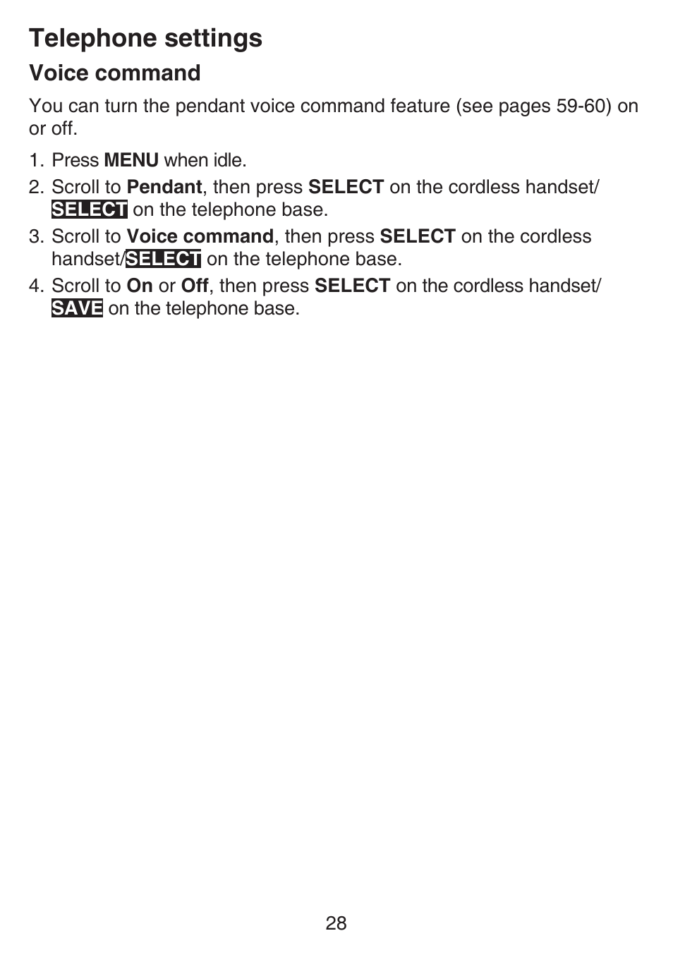 Voice command, Telephone settings | VTech SN6197_-2 Abridged manual User Manual | Page 34 / 93