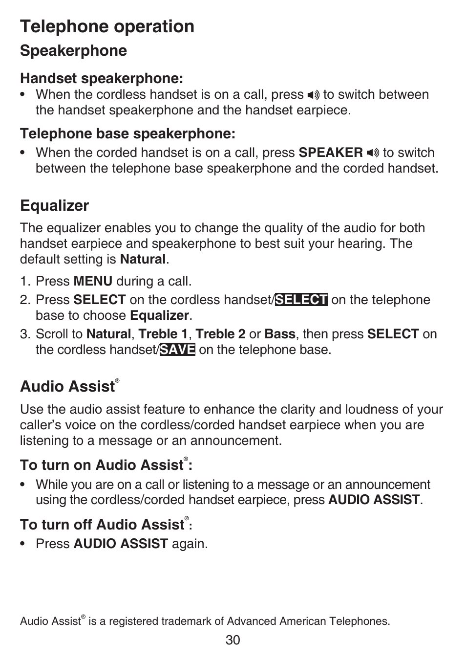 Flash, Mute, Temporary tone dialing | Speakerphone, Equalizer, Audio assist, Speakerphone equalizer audio assist, Telephone operation | VTech SN6197_-2 Abridged manual User Manual | Page 36 / 93