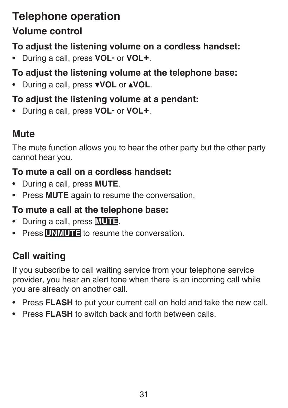 Memory overview, Storing a number in a one-touch location, Volume control | Mute, Call waiting, Volume control mute call waiting, Telephone operation | VTech SN6197_-2 Abridged manual User Manual | Page 37 / 93