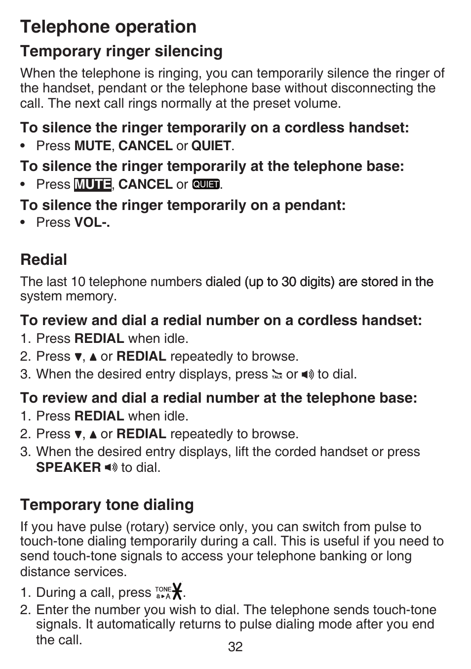 Temporary ringer silencing, Redial, Temporary tone dialing | Telephone operation | VTech SN6197_-2 Abridged manual User Manual | Page 38 / 93