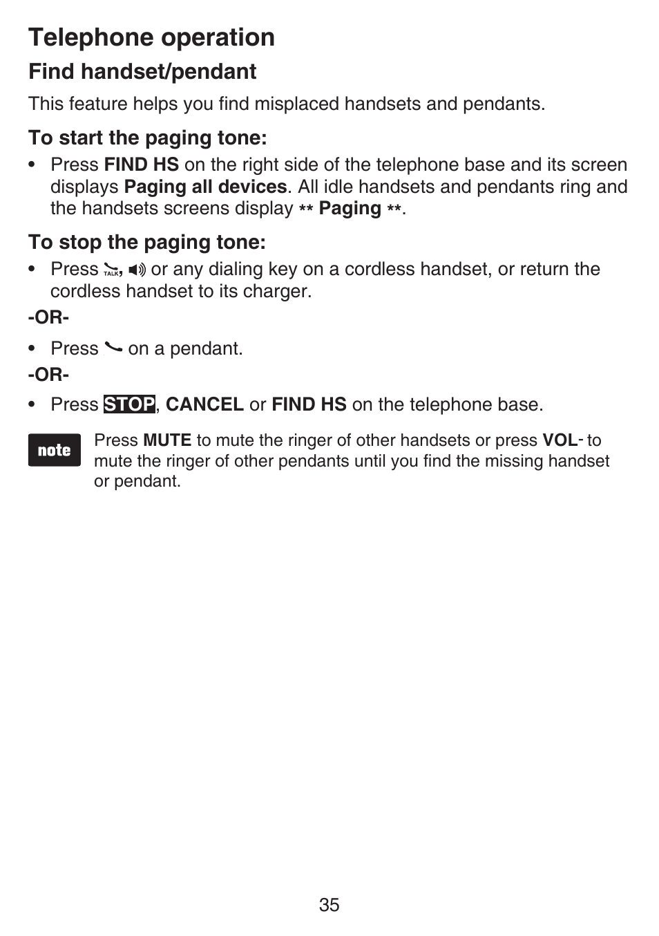 Find handset, Find handset/pendant, Telephone operation | VTech SN6197_-2 Abridged manual User Manual | Page 41 / 93